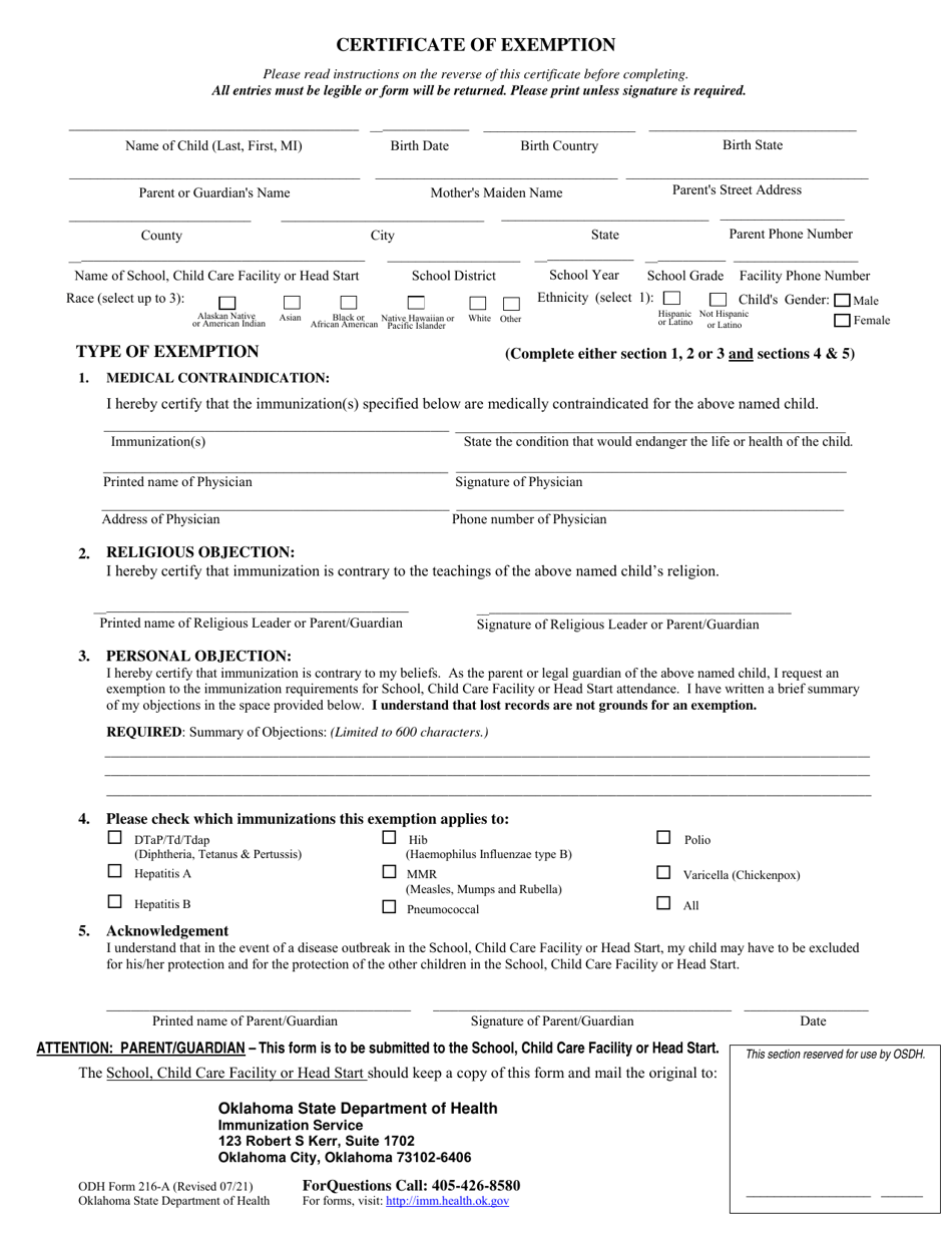 ODH Form 216-A Certificate of Exemption - Oklahoma, Page 1