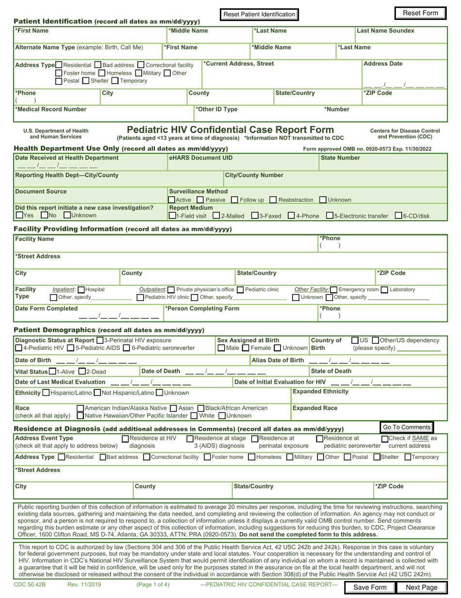 Form CDC50.42B Pediatric HIV Confidential Case Report Form (Patients Aged 13 Years at Time of Diagnosis), Page 1