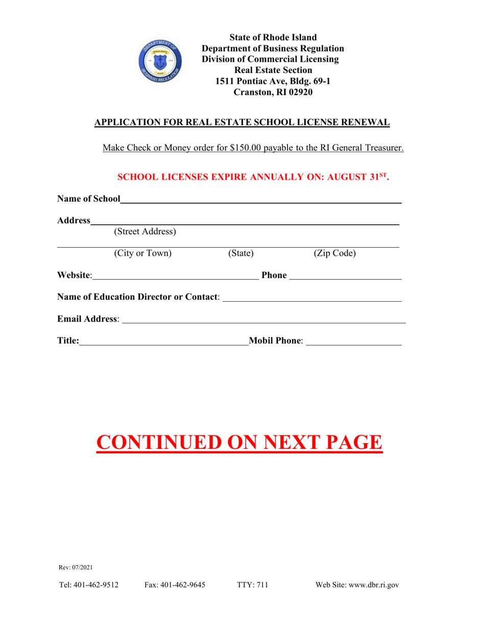 Rhode Island Application for Real Estate School License Renewal