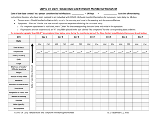 Covid-19 Daily Temperature and Symptom Monitoring Worksheet - South Carolina