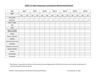 Covid-19 Daily Temperature and Symptom Monitoring Worksheet - South Carolina, Page 2