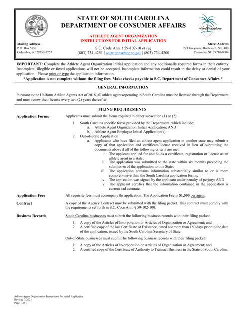 Athlete Agent Organization Initial Application - South Carolina Download Pdf