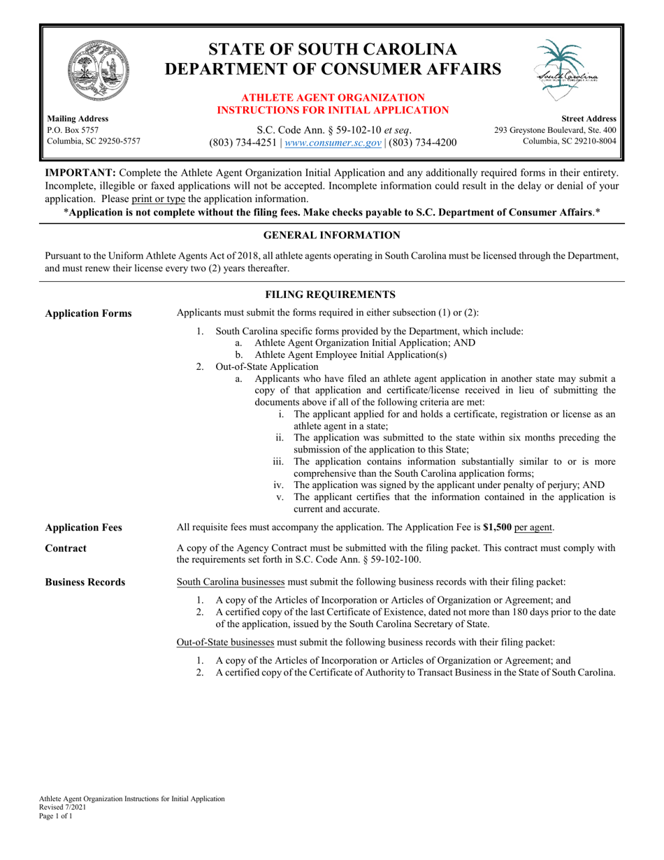 Athlete Agent Organization Initial Application - South Carolina, Page 1
