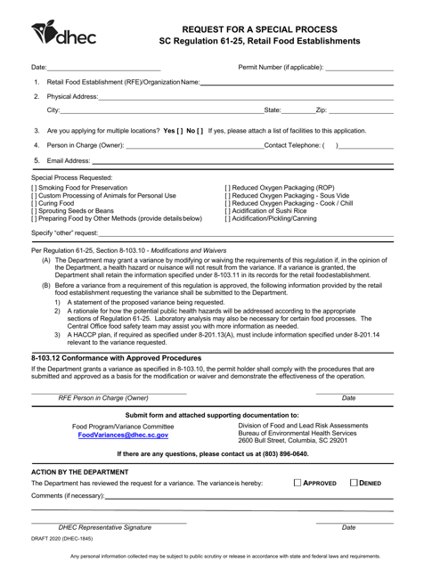 DHEC Form 1845 Request for a Special Process - South Carolina