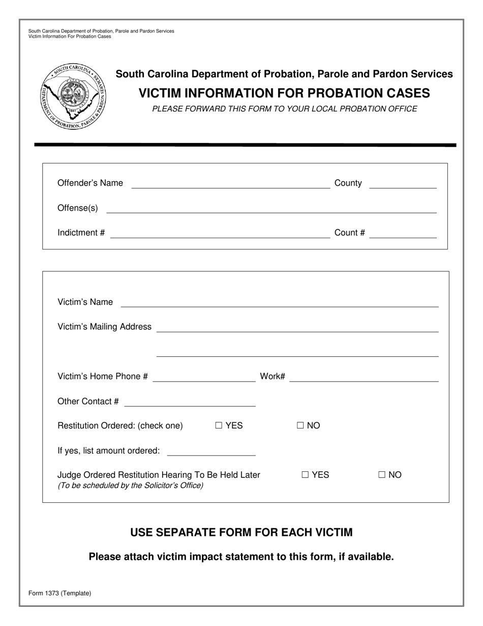 Form 1373 Victim Information for Probation Cases - South Carolina, Page 1