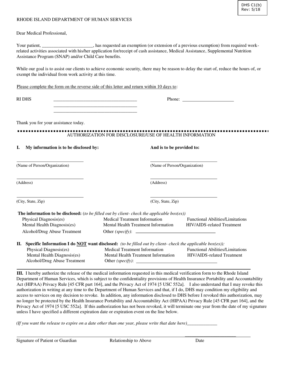 Form DHS C1(B) Abawd Medical Verification Form - Rhode Island, Page 1