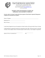 Document preview: Notification of Business Closing of Appraisal Management Company - South Carolina