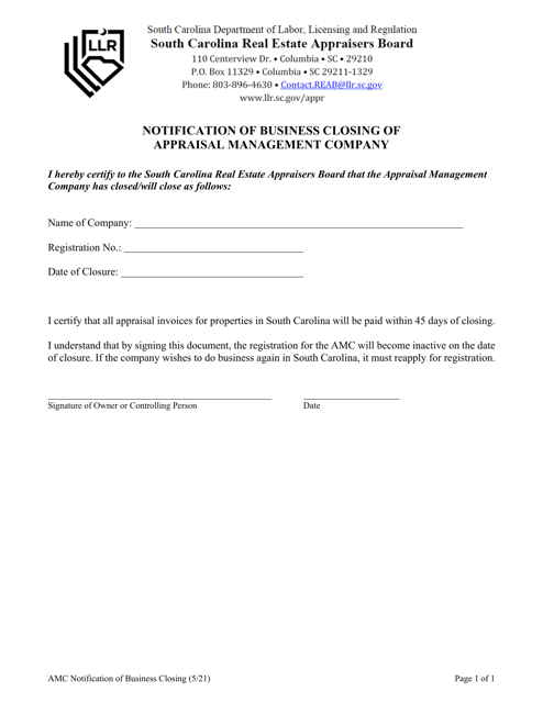 Notification of Business Closing of Appraisal Management Company - South Carolina Download Pdf