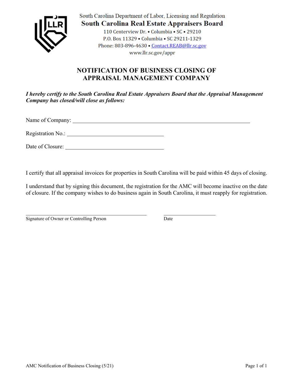Notification of Business Closing of Appraisal Management Company - South Carolina, Page 1