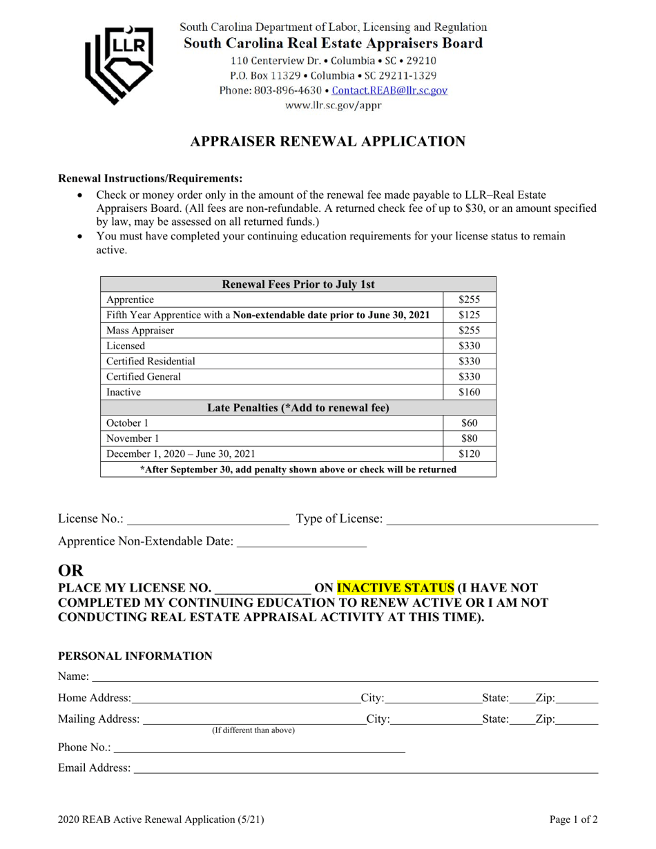 Appraiser Renewal Application - South Carolina, Page 1