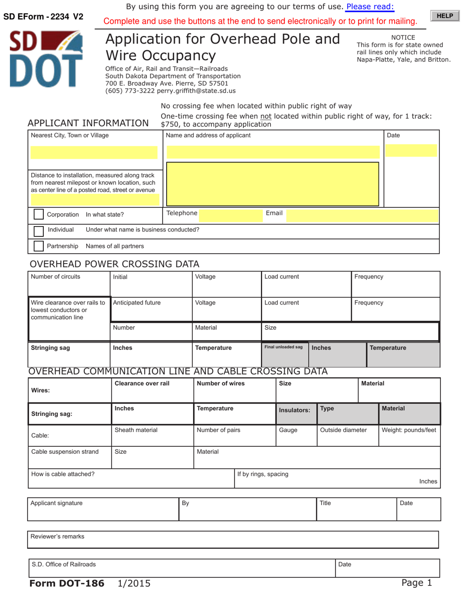SD Form 2234 (DOT-186) Application for Overhead Pole and Wire Occupancy - South Dakota, Page 1