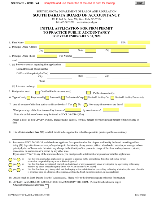 SD Form 0039 Initial Application for Firm Permit to Practice Public Accountancy - South Dakota, 2022