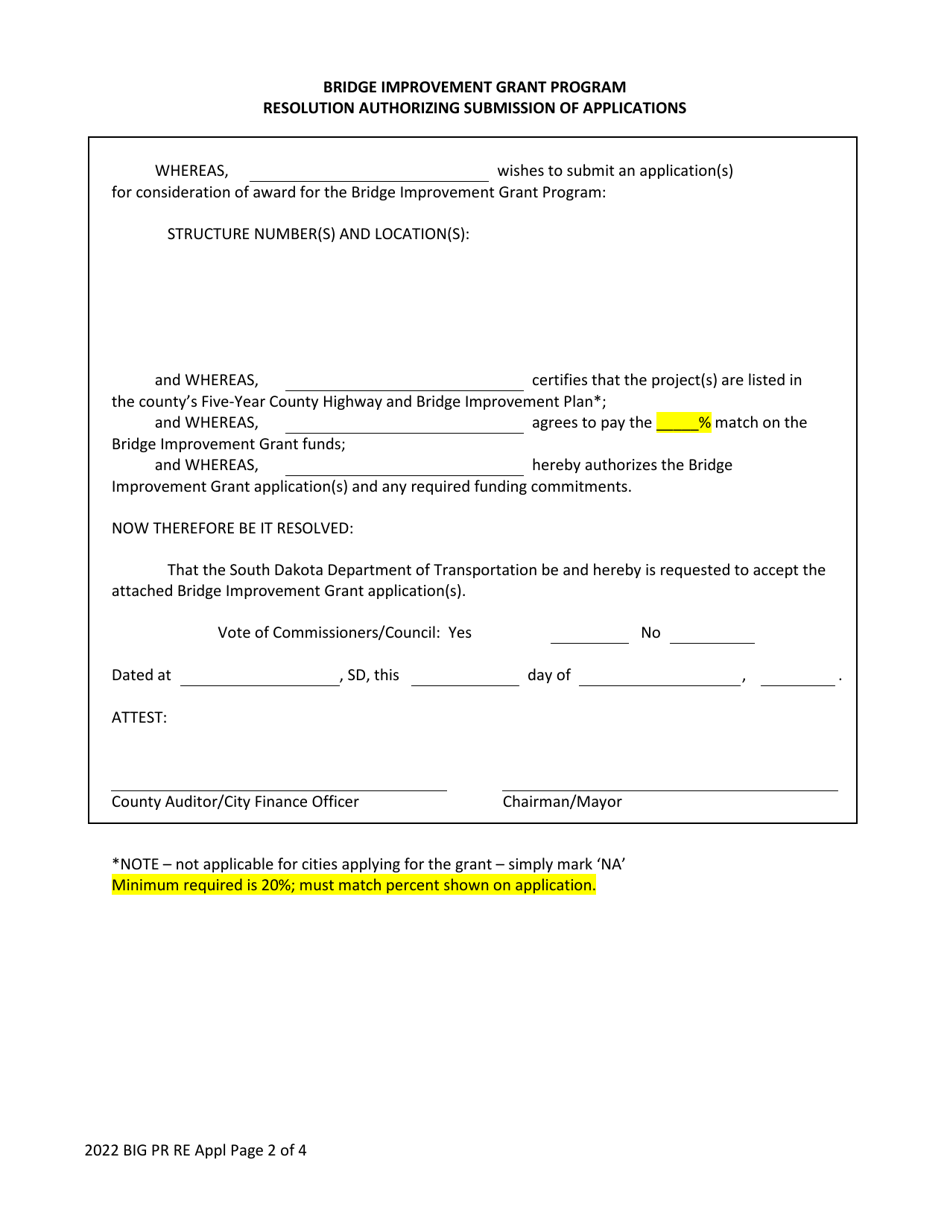 Application for Bridge Improvement Grant (Big) Funds Preservation or Rehab / Replacement - South Dakota, Page 2