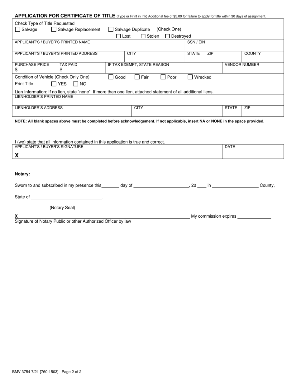 Form BMV3754 Ownership Assignment and Title Application for Insurance Companies - Ohio, Page 2