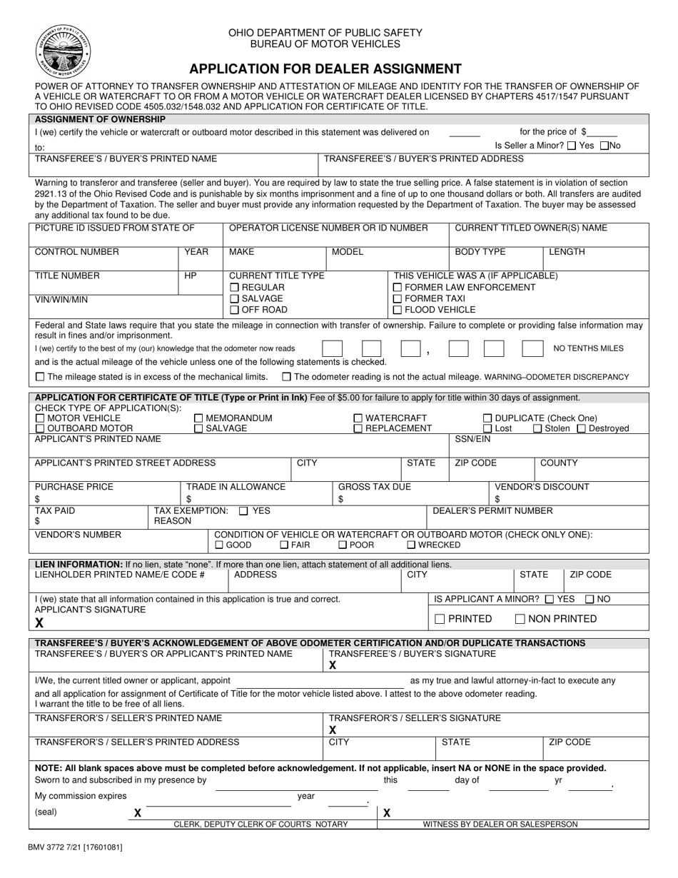 Form BMV3772 Application for Dealer Assignment - Ohio, Page 1