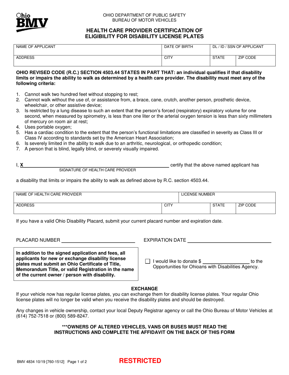 Form BMV4834 Health Care Provider Certification of Eligibility for Disability License Plates - Ohio, Page 1