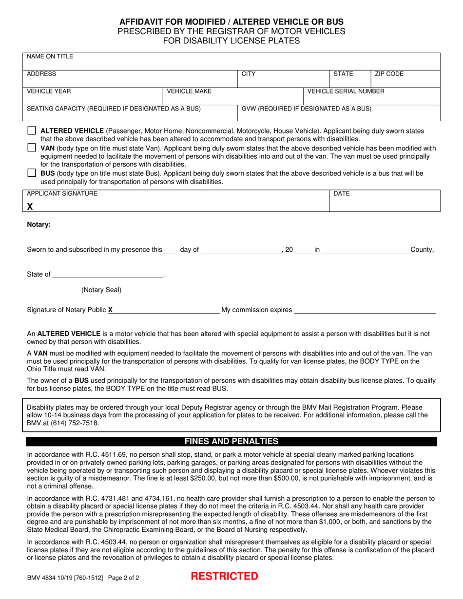 Form BMV4834 Health Care Provider Certification of Eligibility for Disability License Plates - Ohio, Page 2