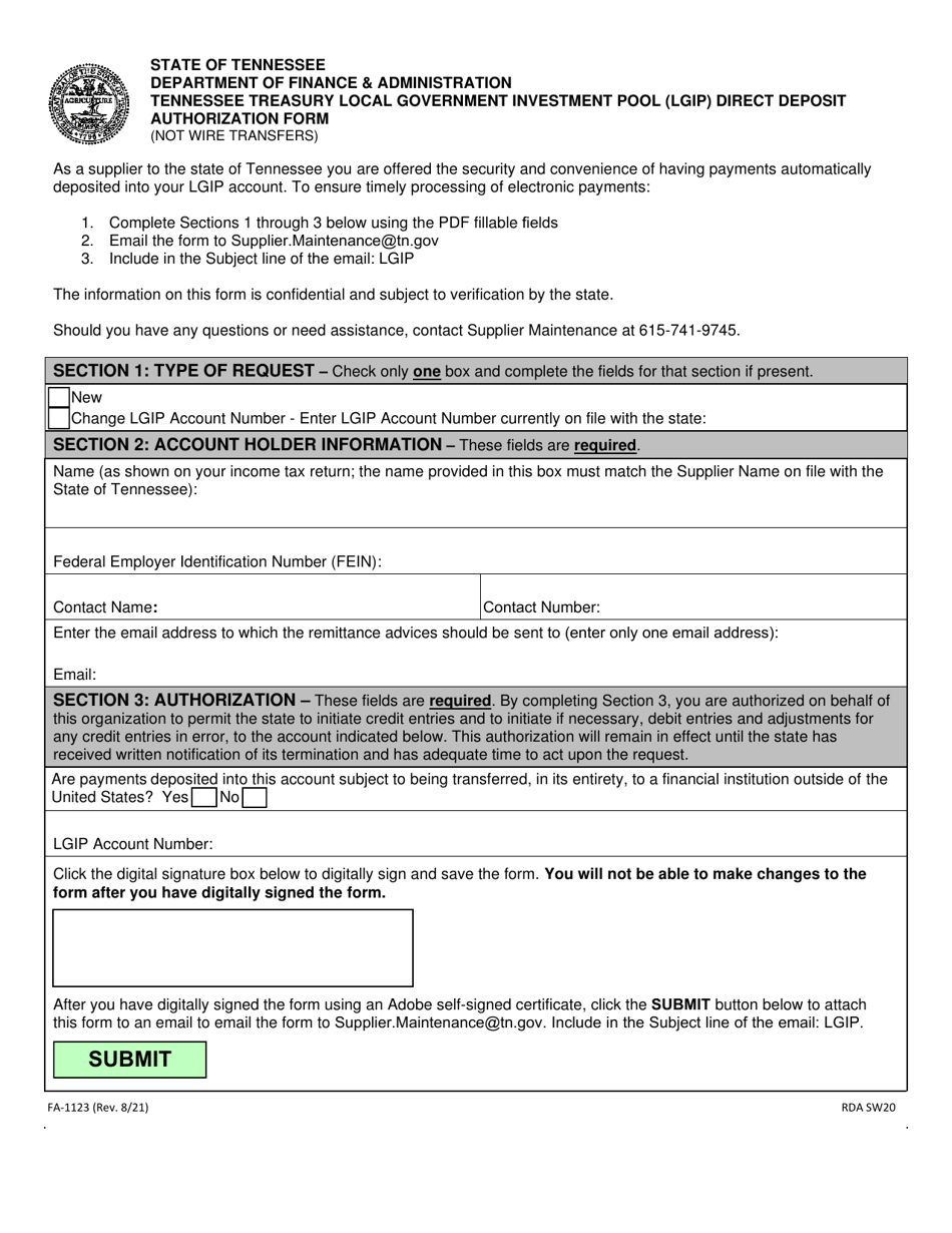 Form FA-1123 Tennessee Treasury Local Government Investment Pool (Lgip) Direct Deposit Authorization Form - Tennessee, Page 1