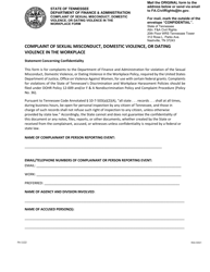 Document preview: Form FA-1122 (RDA S21) Complaint of Sexual Misconduct, Domestic Violence, or Dating Violence in the Workplace - Tennessee