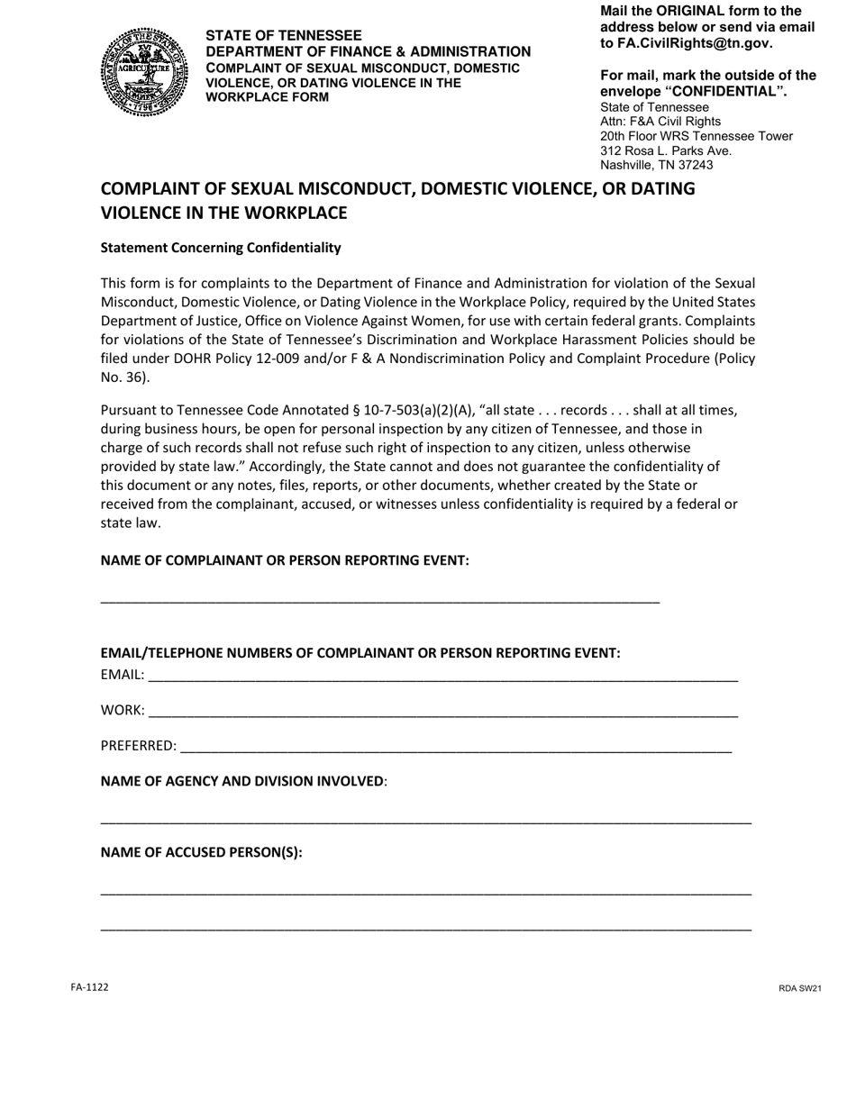 Form FA-1122 (RDA S21) Complaint of Sexual Misconduct, Domestic Violence, or Dating Violence in the Workplace - Tennessee, Page 1