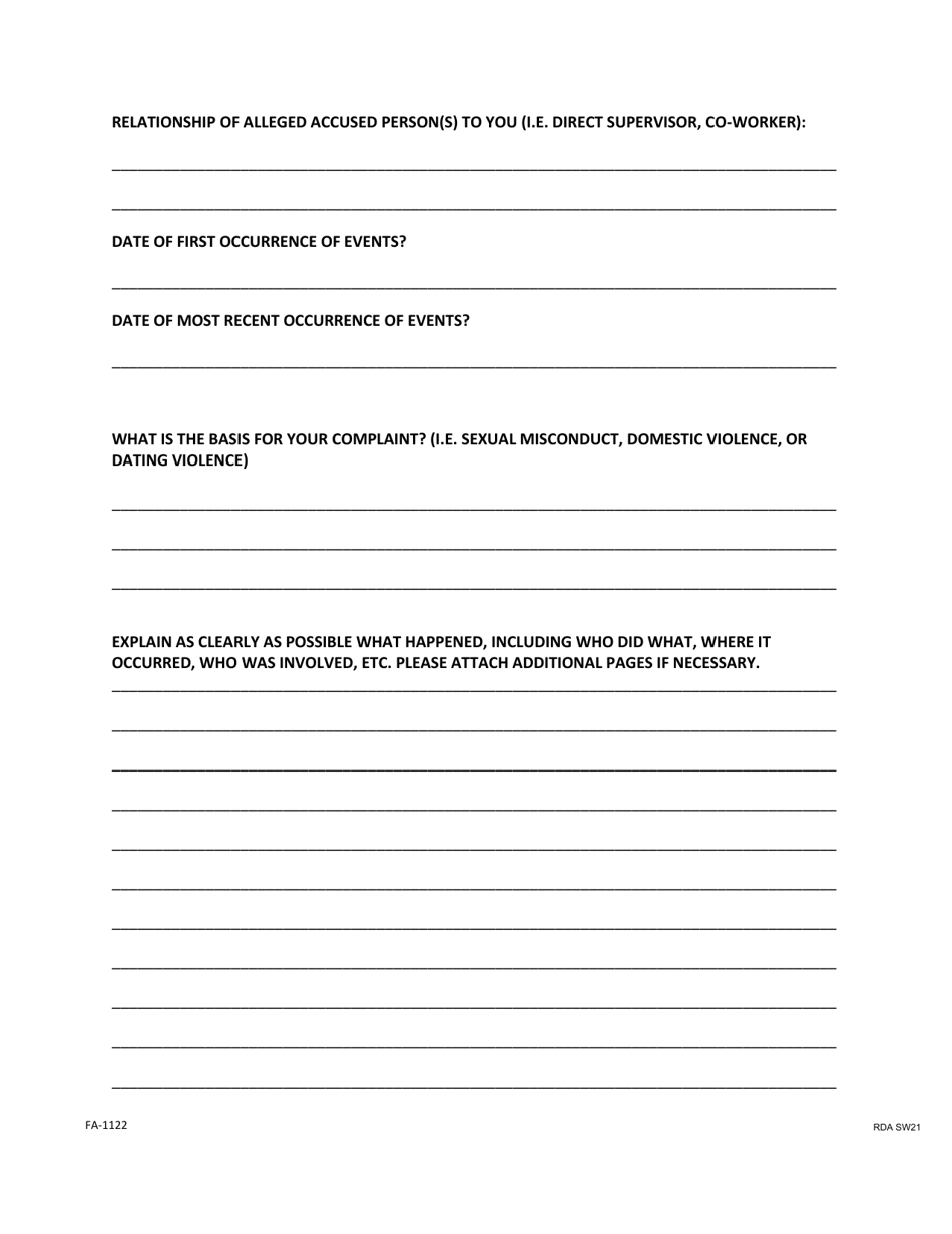 Form FA-1122 (RDA S21) Complaint of Sexual Misconduct, Domestic Violence, or Dating Violence in the Workplace - Tennessee, Page 2
