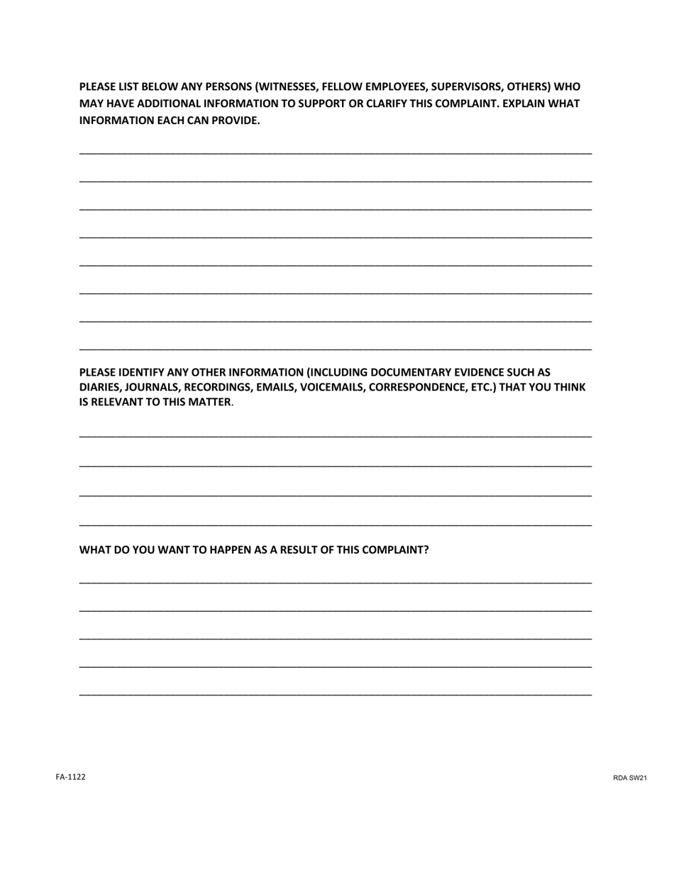 Form FA-1122 (RDA S21) Complaint of Sexual Misconduct, Domestic Violence, or Dating Violence in the Workplace - Tennessee, Page 3