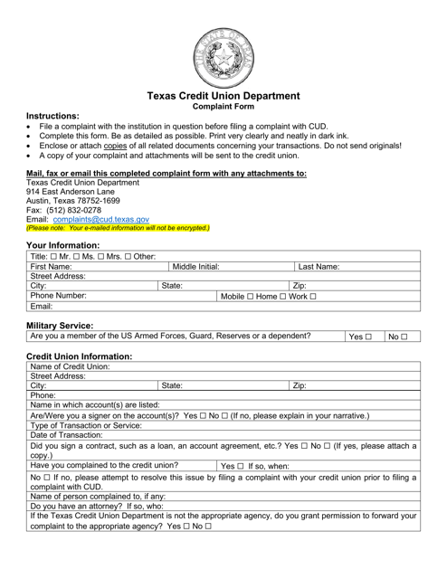 Complaint Form - Texas Download Pdf