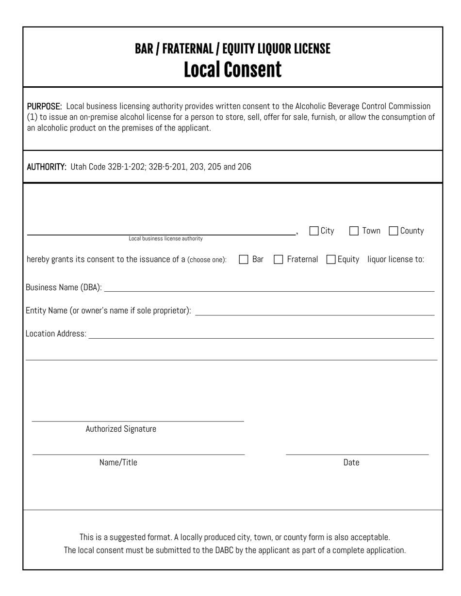 Bar / Fraternal / Equity Liquor License Local Consent - Utah, Page 1