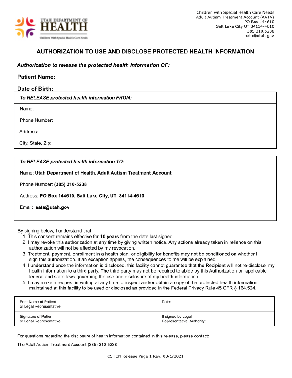 Authorization to Use and Disclose Protected Health Information - Utah, Page 1
