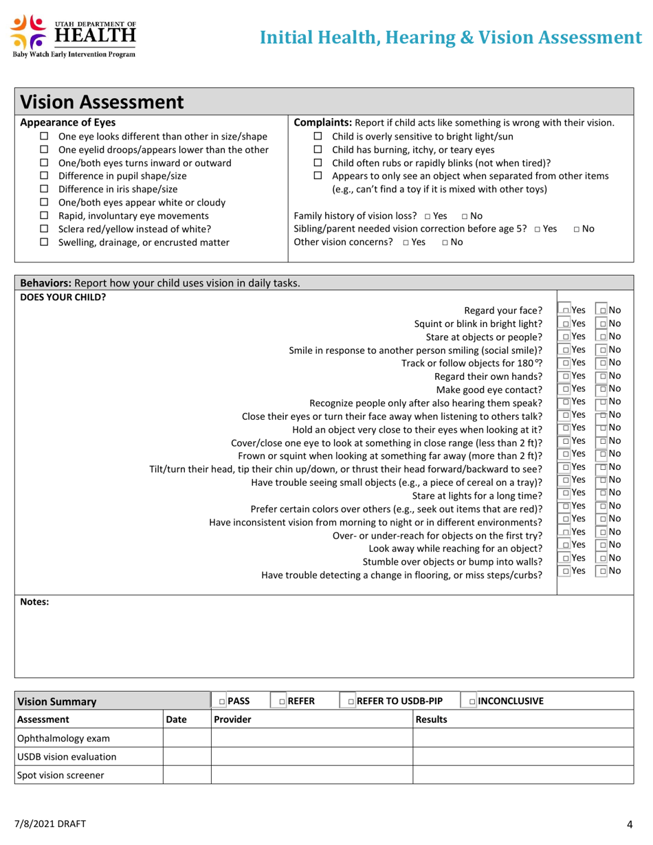 Initial Health, Hearing  Vision Assessment - Utah, Page 4