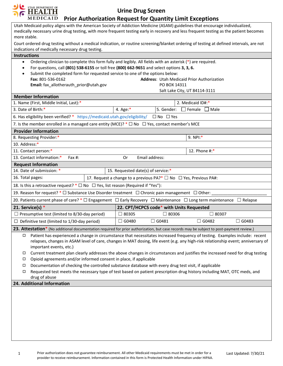 Utah Urine Drug Screen Prior Authorization Request for Quantity Limit ...