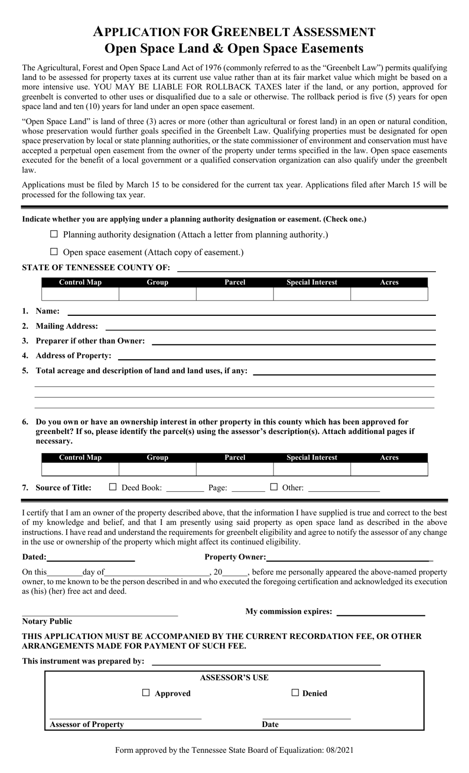Tennessee Application for Greenbelt Assessment Open Space Land & Open