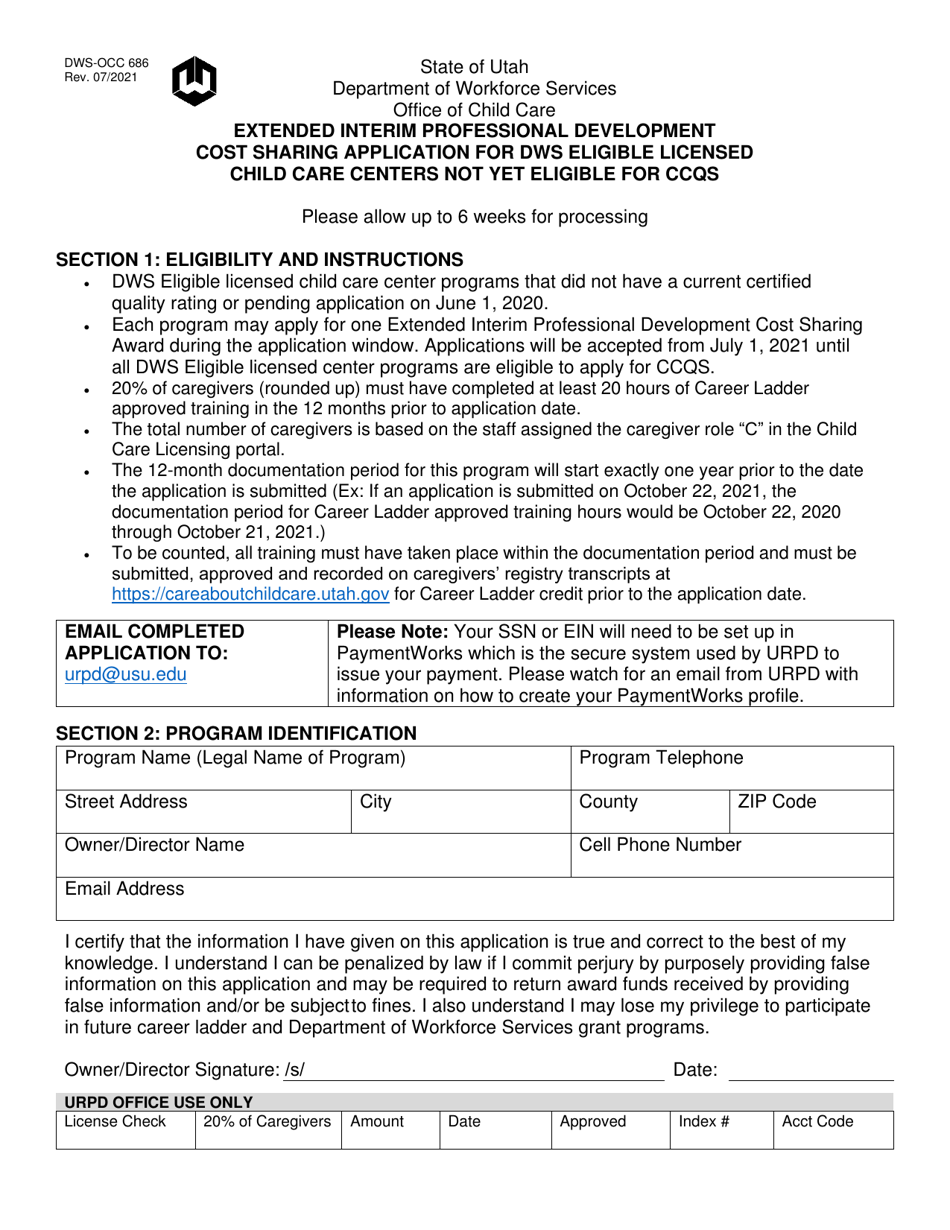 Form DWS-OCC686 Extended Interim Professional Development Cost Sharing Application for Dws Eligible Licensed Child Care Centers Not yet Eligible for Ccqs - Utah, Page 1