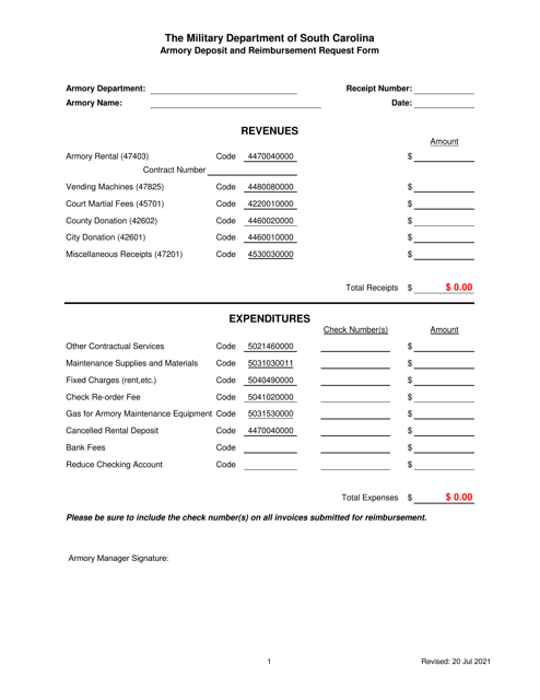 Armory Deposit and Reimbursement Request Form - South Carolina Download Pdf