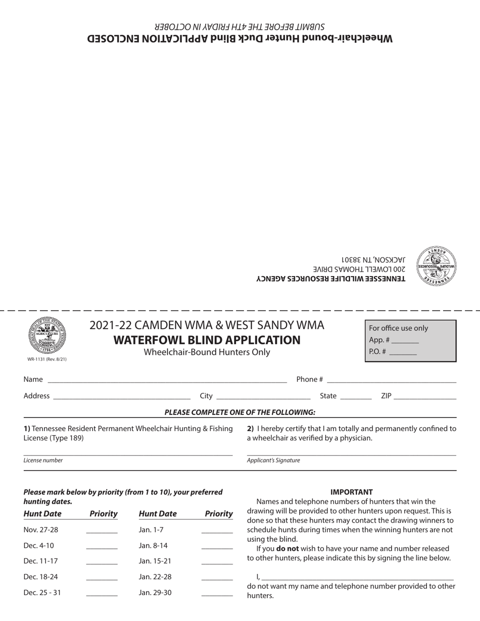 Form WR-1131 Camden Wheelchair Blind Application - Tennessee, Page 1