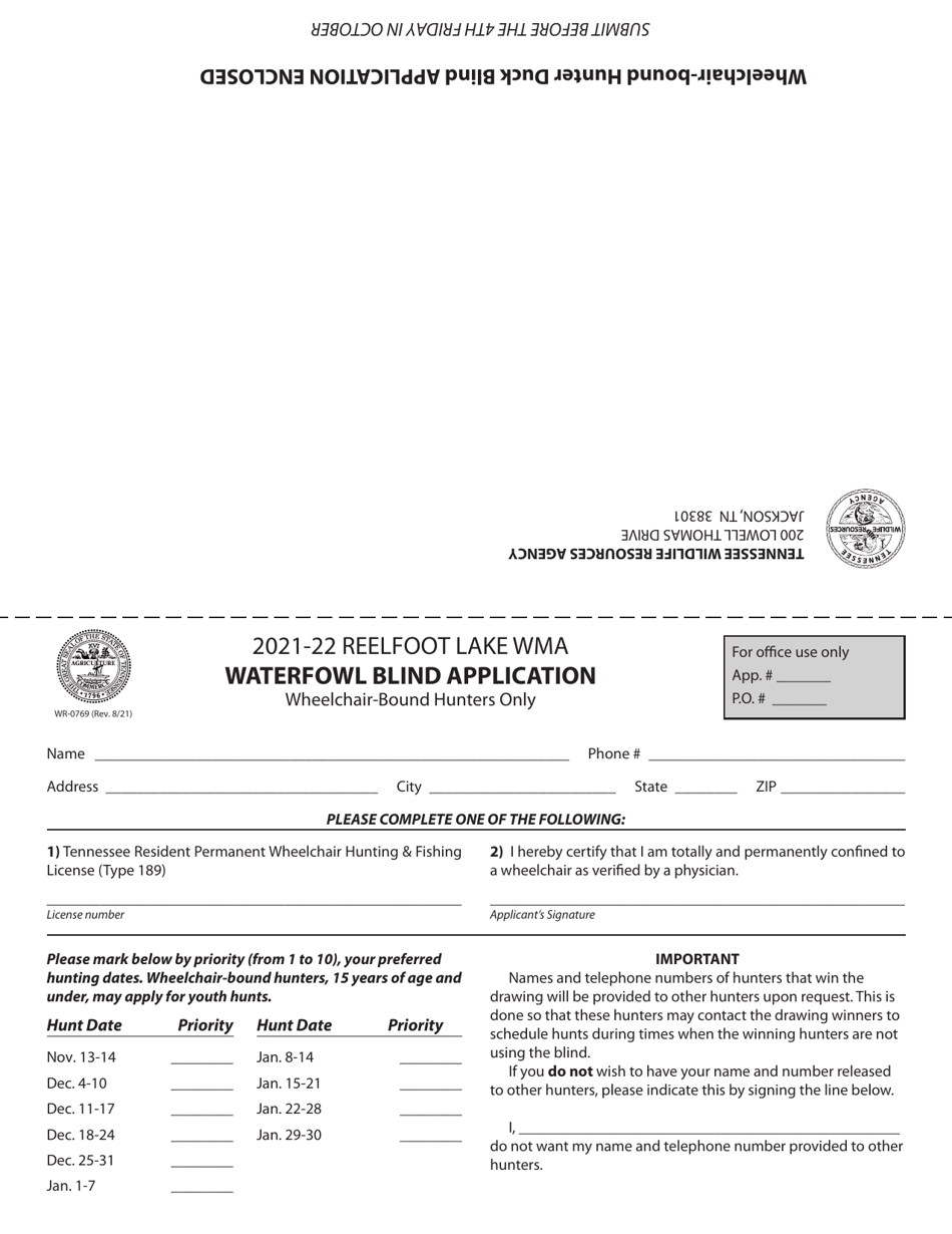Form WR-0769 Reelfoot Wheelchair Blind Application - Tennessee, Page 1