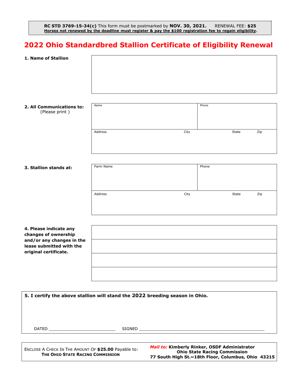 2022 Ohio Ohio Standardbred Stallion Certificate of Eligibility Renewal