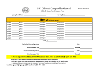 Off-Cycle Bonus Payroll Request Form - South Carolina
