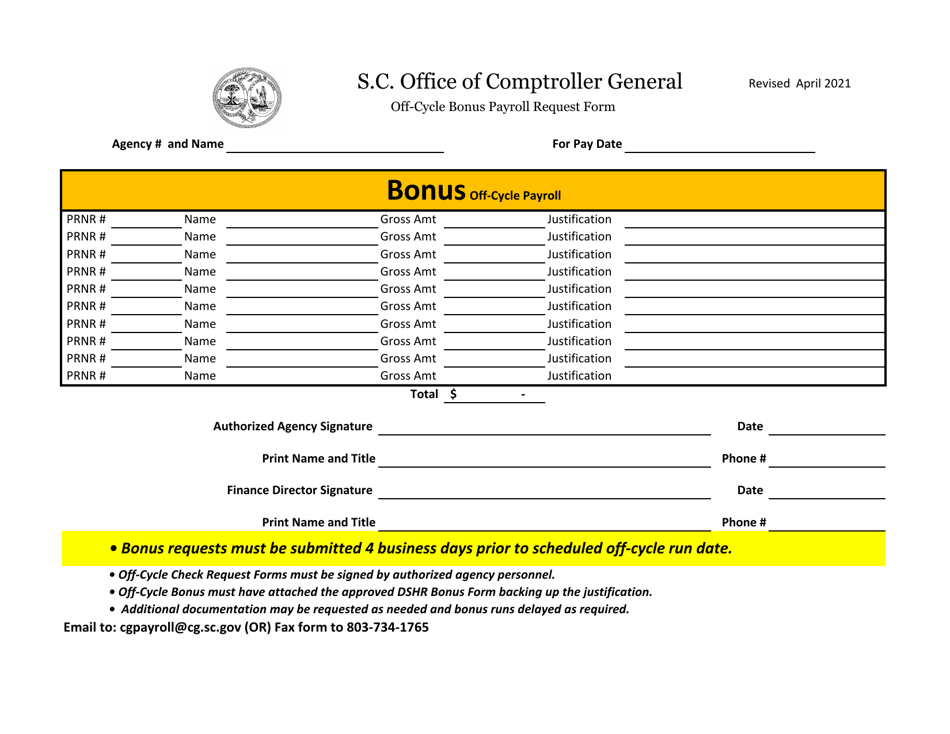 Off-Cycle Bonus Payroll Request Form - South Carolina, Page 1