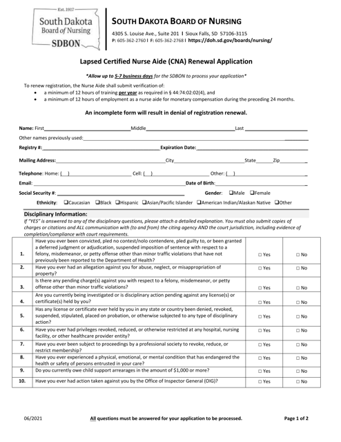 Lapsed Certified Nurse Aide (Cna) Renewal Application - South Dakota Download Pdf