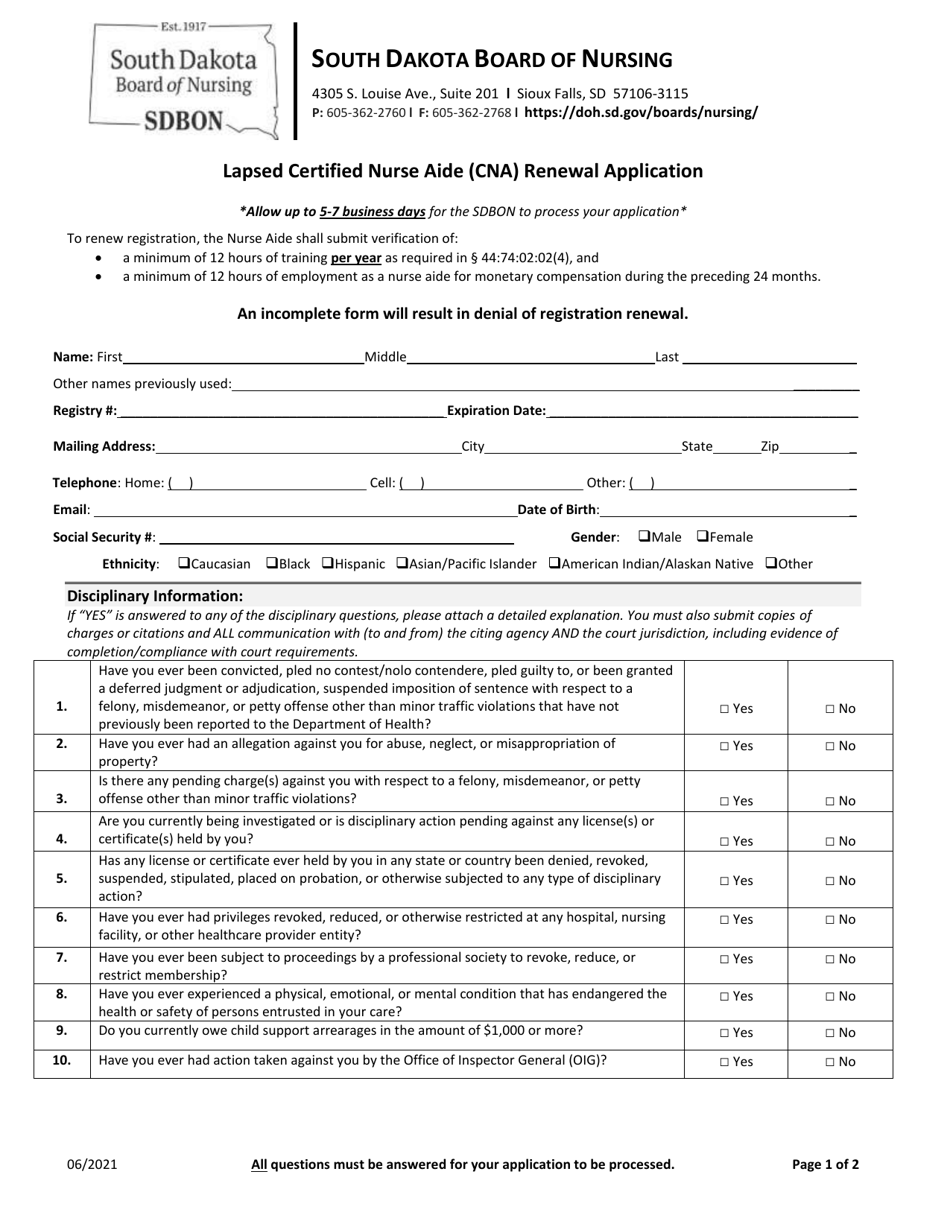 Lapsed Certified Nurse Aide (Cna) Renewal Application - South Dakota, Page 1