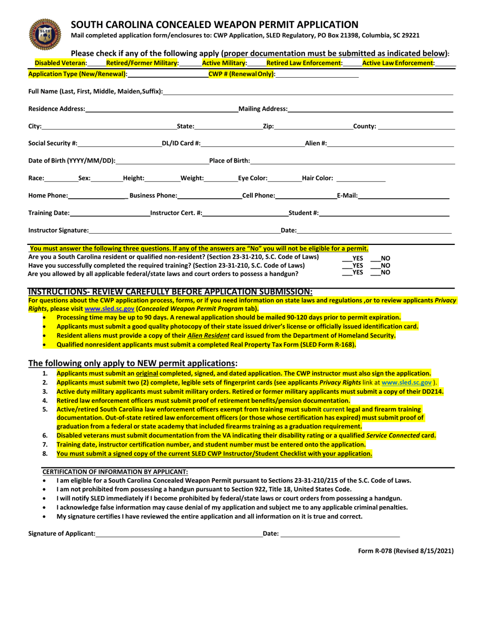 Form R-078 Concealed Weapon Permit Application - South Carolina, Page 1