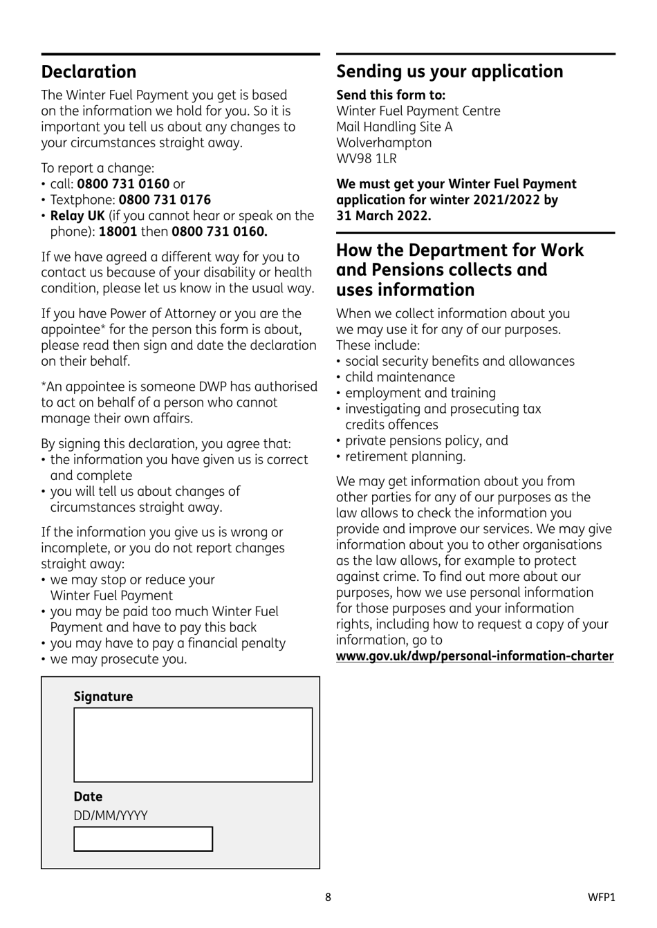 Form WFP1 Winter Fuel Payment Application Form - United Kingdom, Page 8