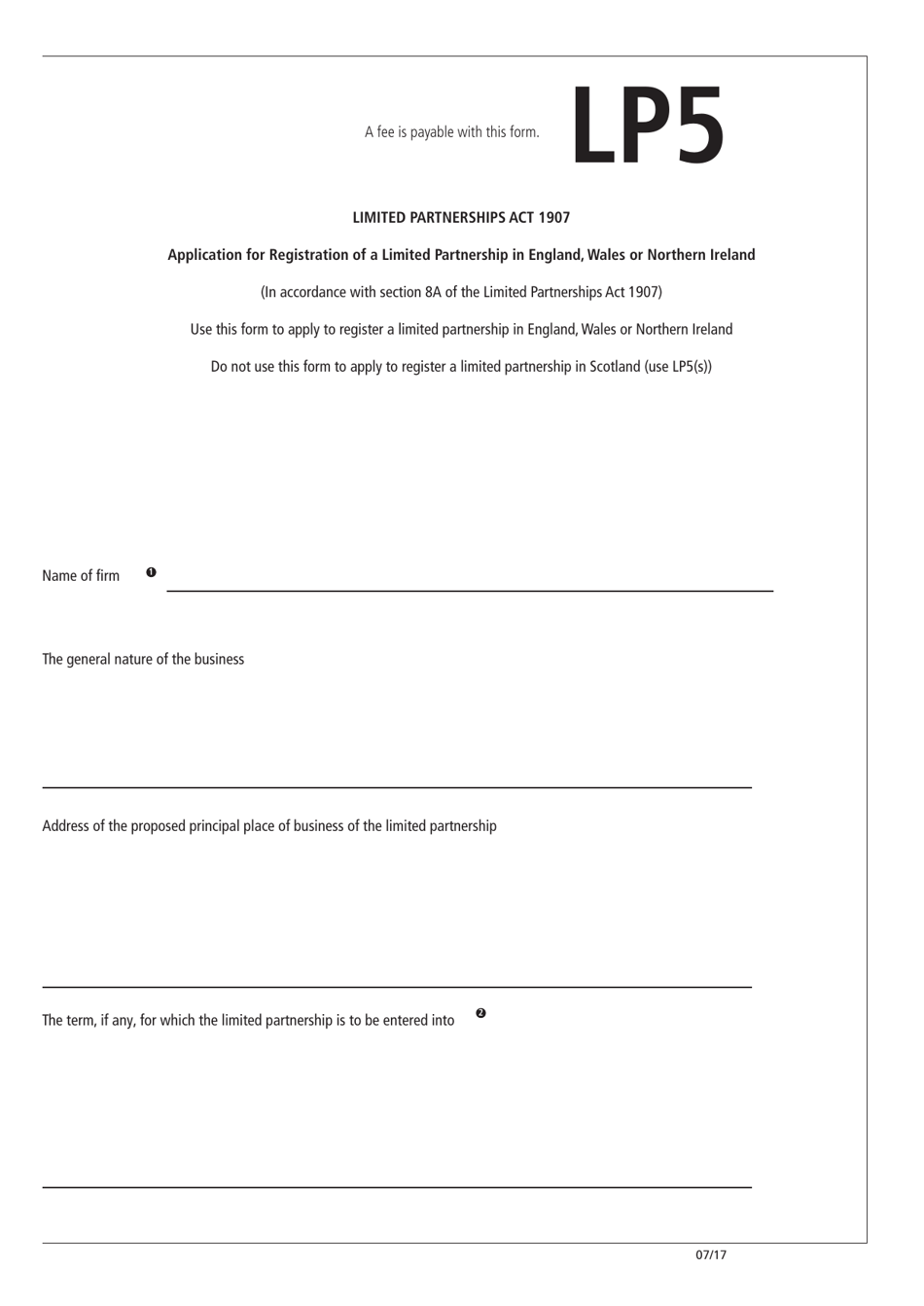 Form LP5 Application for Registration of a Limited Partnership in England, Wales or Northern Ireland - United Kingdom, Page 1