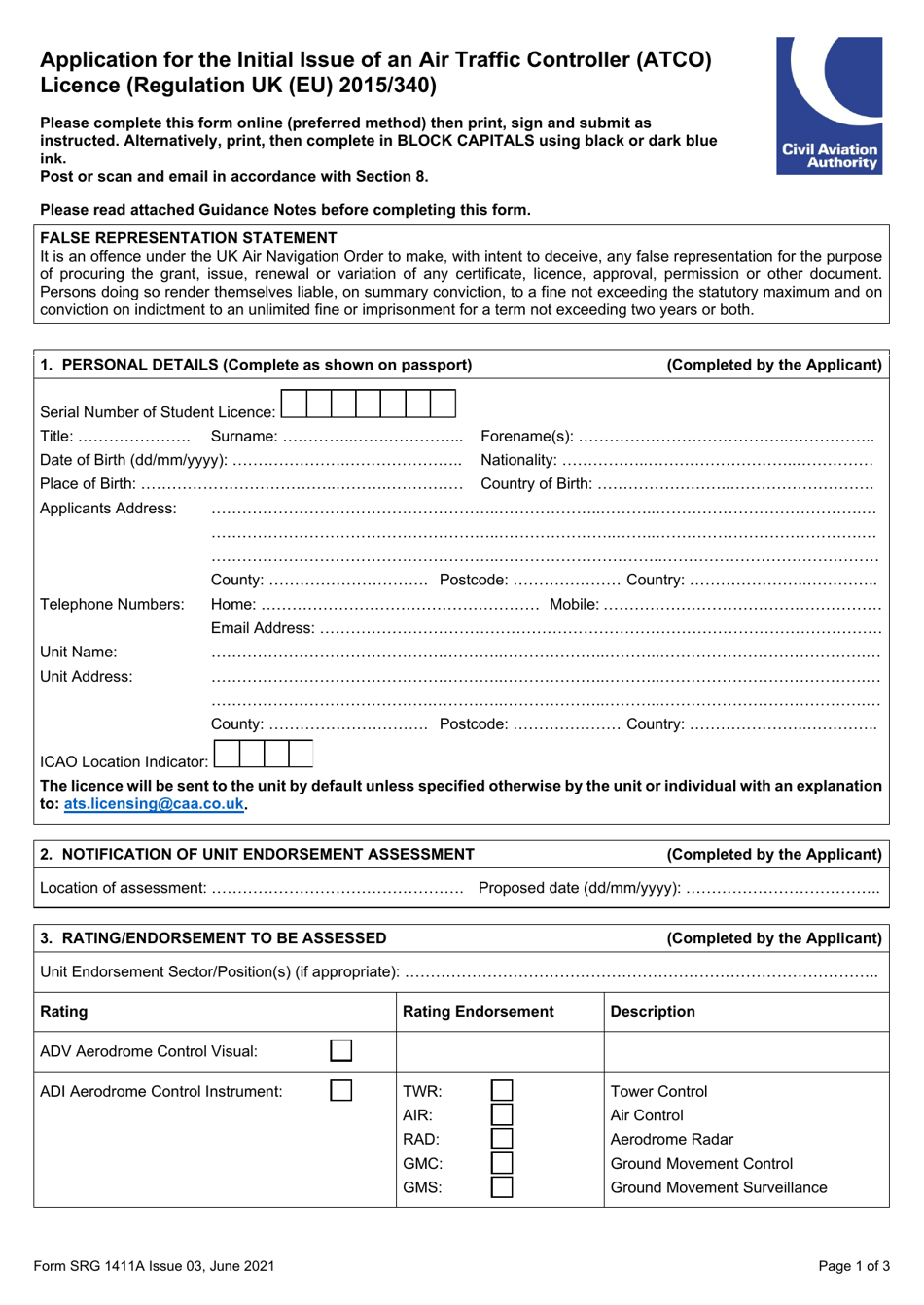 Form SRG1411A Application for the Initial Issue of an Air Traffic Controller (Atco) Licence (Regulation UK (Eu) 2015 / 340) - United Kingdom, Page 1