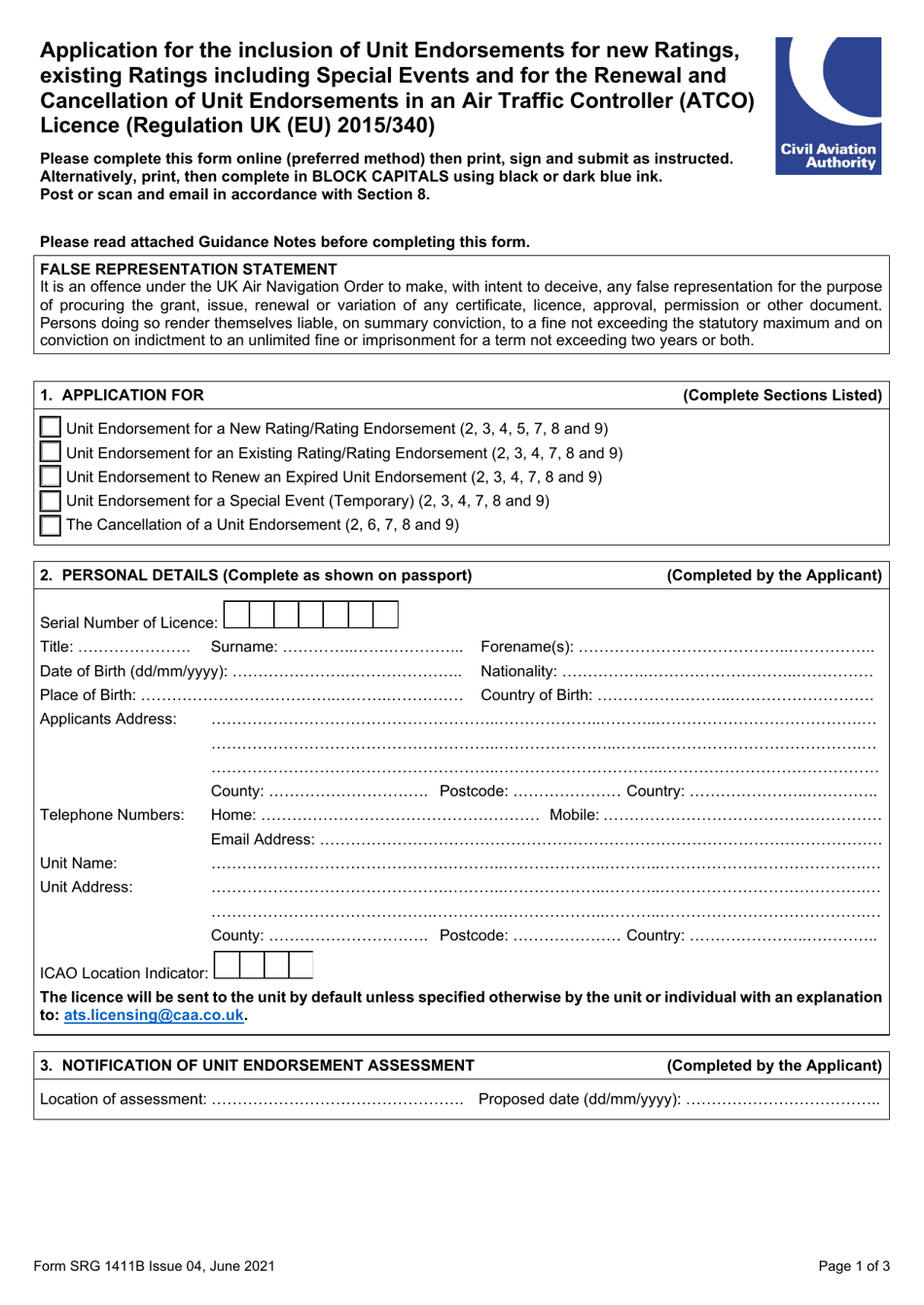 Form SRG1411B Application for the Inclusion of Unit Endorsements for New Ratings, Existing Ratings Including Special Events and for the Renewal and Cancellation of Unit Endorsements in an Air Traffic Controller (Atco) Licence (Regulation UK (Eu) 2015 / 340) - United Kingdom, Page 1