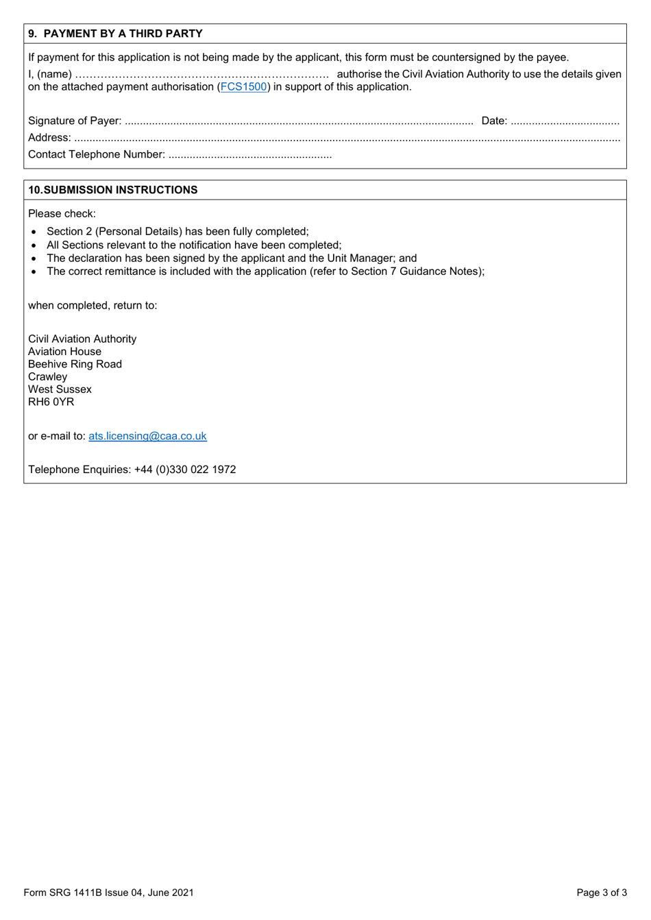 Form SRG1411B Application for the Inclusion of Unit Endorsements for New Ratings, Existing Ratings Including Special Events and for the Renewal and Cancellation of Unit Endorsements in an Air Traffic Controller (Atco) Licence (Regulation UK (Eu) 2015 / 340) - United Kingdom, Page 3