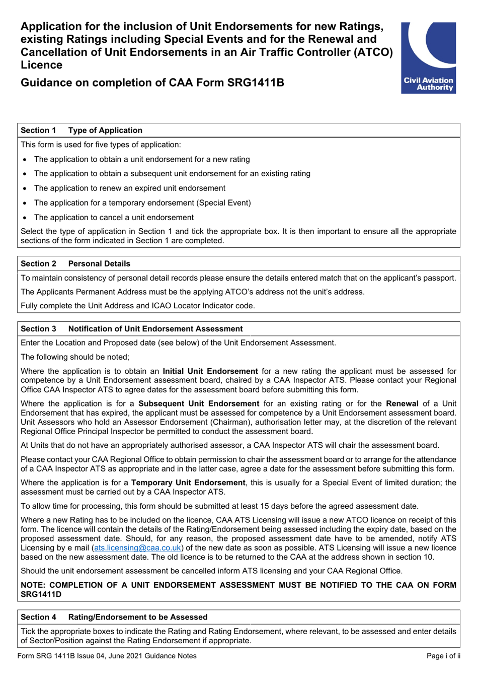 Form SRG1411B Application for the Inclusion of Unit Endorsements for New Ratings, Existing Ratings Including Special Events and for the Renewal and Cancellation of Unit Endorsements in an Air Traffic Controller (Atco) Licence (Regulation UK (Eu) 2015 / 340) - United Kingdom, Page 4