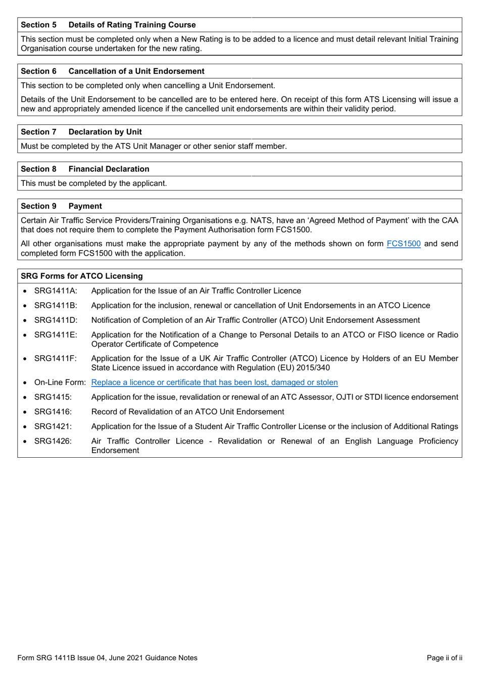Form SRG1411B Application for the Inclusion of Unit Endorsements for New Ratings, Existing Ratings Including Special Events and for the Renewal and Cancellation of Unit Endorsements in an Air Traffic Controller (Atco) Licence (Regulation UK (Eu) 2015 / 340) - United Kingdom, Page 5