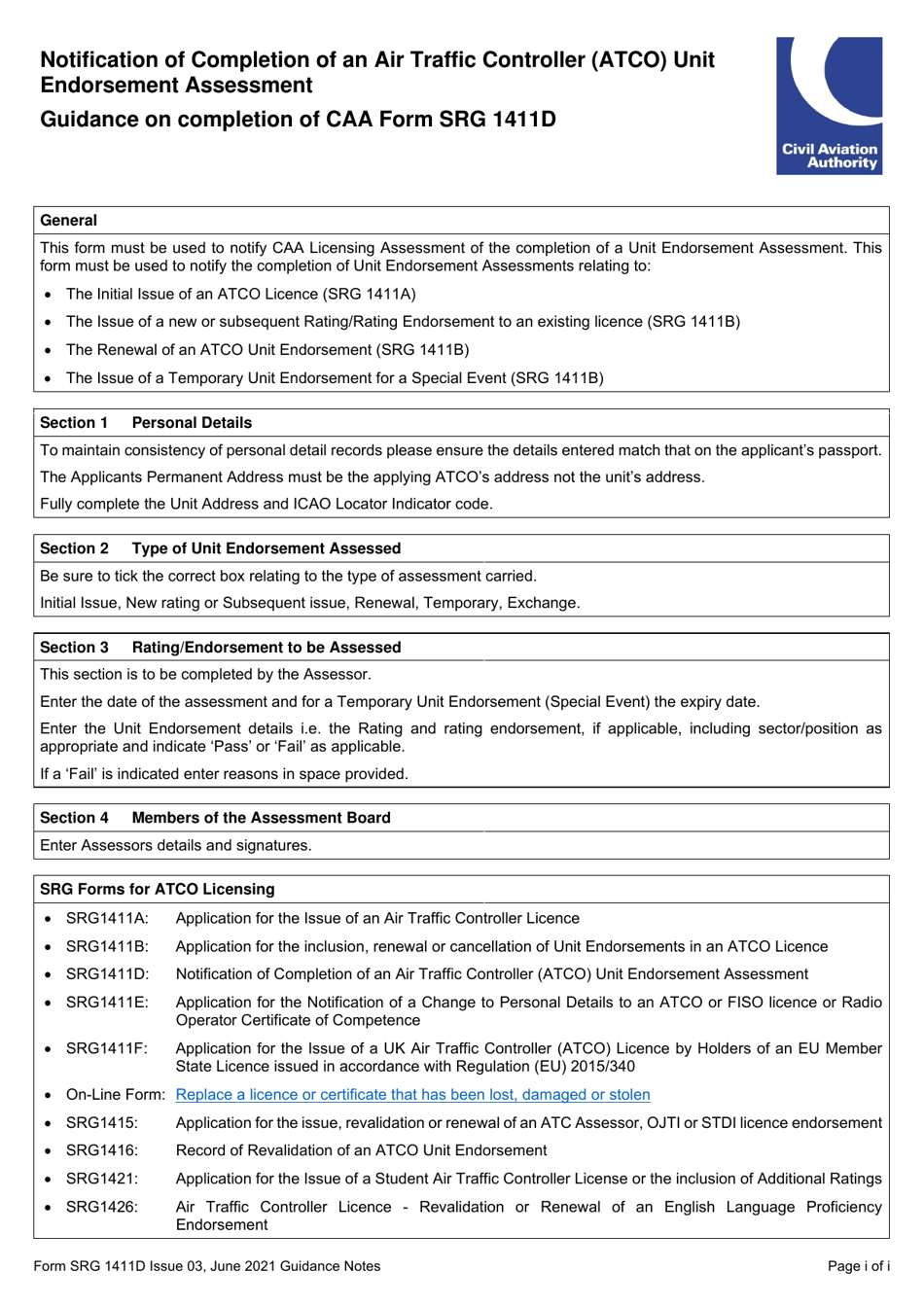 Form SRG1411D Notification of Completion of an Air Traffic Controller (Atco) Unit Endorsement Assessment - United Kingdom, Page 3